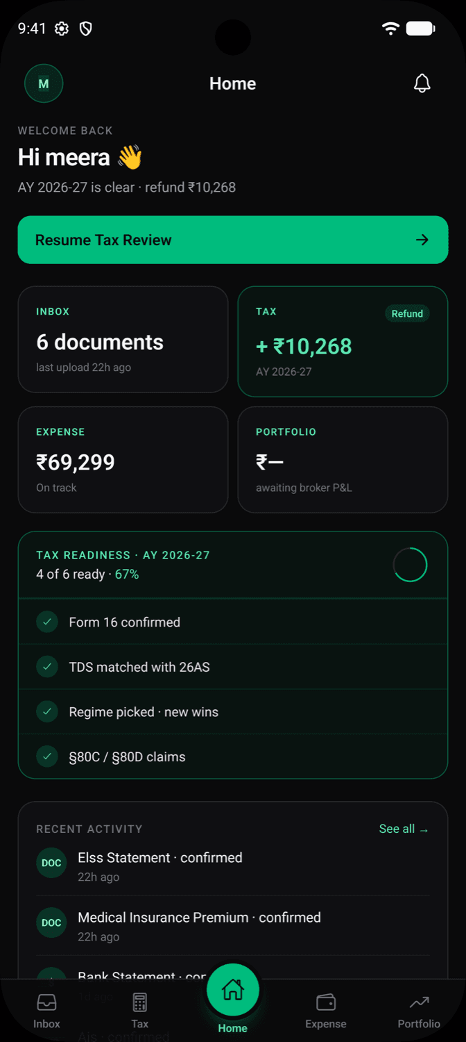 The Chitragupt Android app: a refund of ₹10,268, with tiles for documents, tax, expense and portfolio
